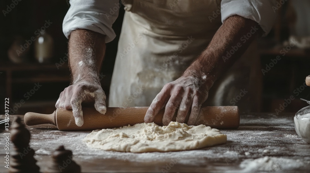 Rolling Dough with Wooden Pin on Table for Homemade Baking Rolling Dough with Wooden Pin on Table for Homemade Baking