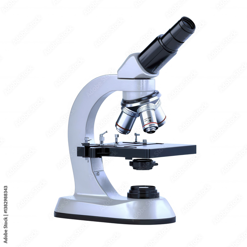 A close-up view of a modern microscope, showcasing its intricate details and optical components on a white isolated background. A close-up view of a modern microscope, showcasing its intricate details and optical components on a white isolated background.