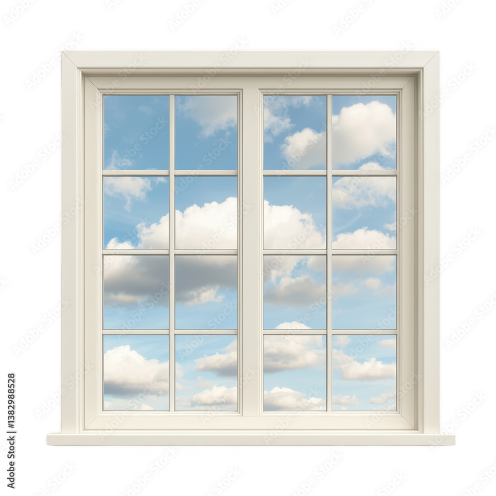 A white window frame showcasing picturesque clouds and a clear sky, emphasizing tranquility and openness.