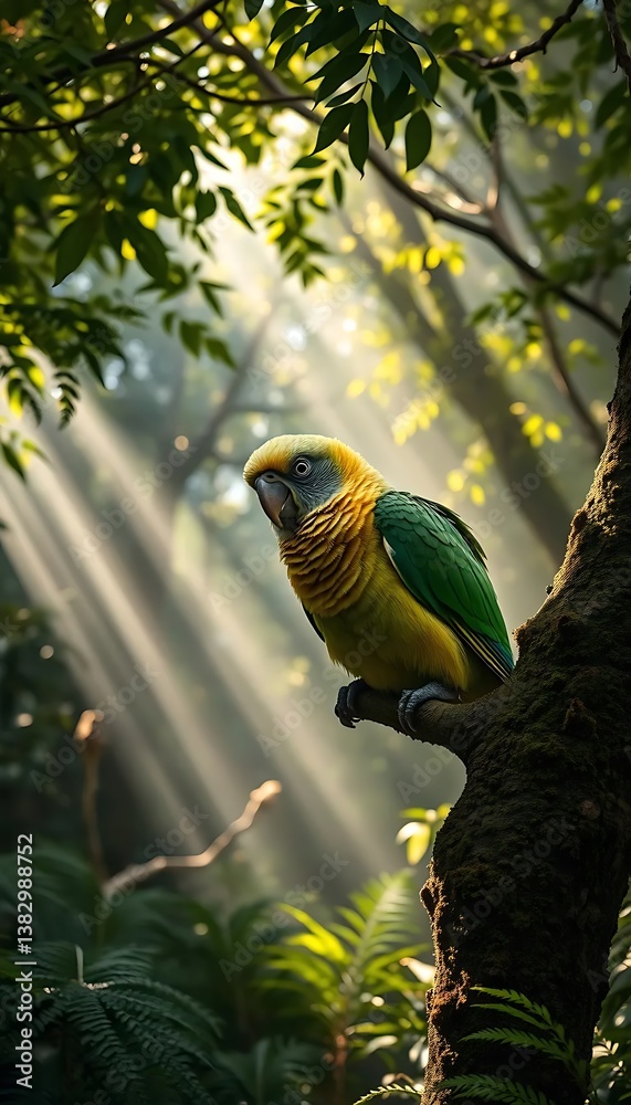 Obraz premium Colorful Parrot Perched on a Tree Branch in a Sunlit Forest Environment