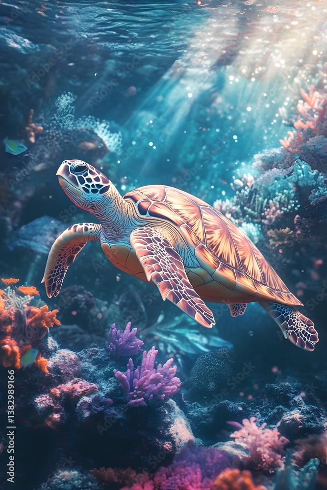 Fototapeta premium there is a turtle swimming in the ocean with corals and fish