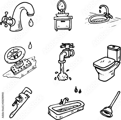 Hand drawn vector illustration set of plumbing sign and symbol doodles elements. Isolated on white background.