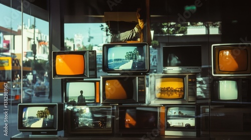 old televisions in a shop window
