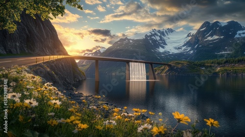 Sunset over fjord, bridge, mountains, wildflowers. Scenic road travel poster