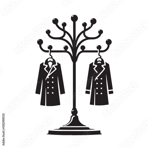 Black Color Coat Rack Silhouette Vector Illustration, Solid White Background