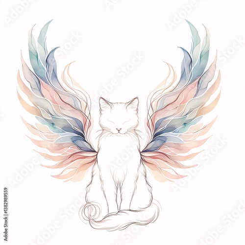 A delicate, minimalistic cat design in clean line art, enhanced with ethereal watercolor angel wings. The pastel colors blend fluidly, creating a serene and dreamy atmosphere around the cat’s sharp ou