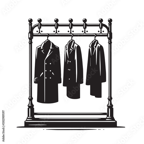 Black Color Coat Rack Silhouette Vector Illustration, Solid White Background