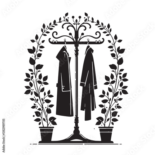 Black Color Coat Rack Silhouette Vector Illustration, Solid White Background
