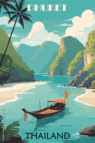 Phuket, Thailand travel destination poster in retro style. Colorful vector art illustration