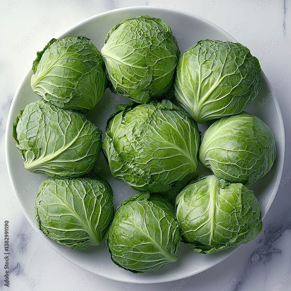 Fototapeta premium Ten Green Cabbages on White Plate, Overhead Shot