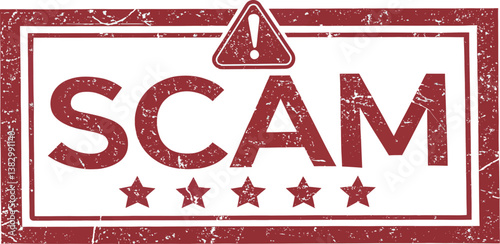 Red scam warning label with alert symbol and stars.