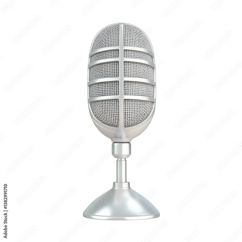 Classic silver microphone on a white isolated background, perfect for audio, music, or broadcasting concepts. Classic silver microphone on a white isolated background, perfect for audio, music, or broadcasting concepts.