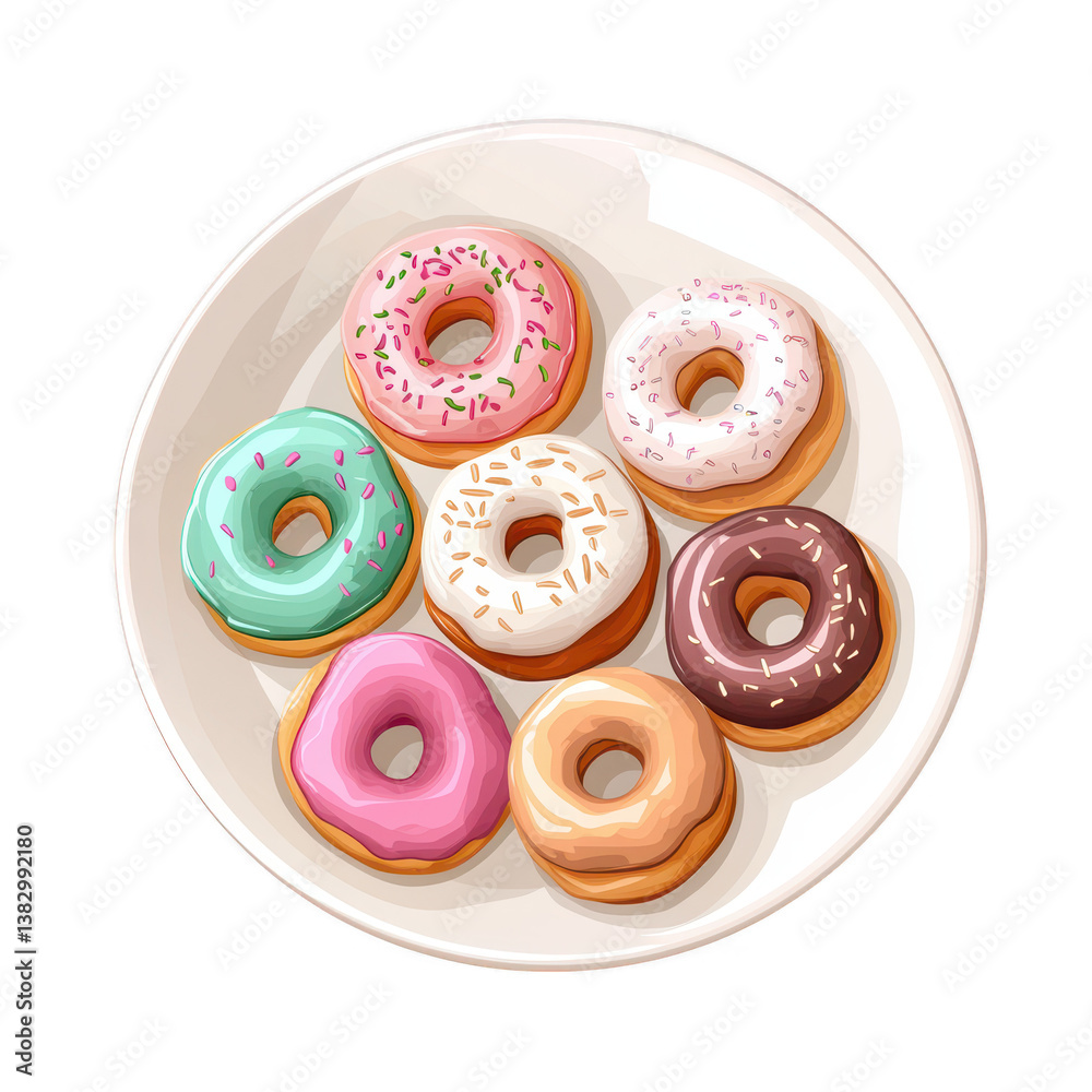 Fototapeta premium Colorful assorted donuts on a plate, showcasing a variety of icing and sprinkles, perfect for dessert lovers and food photography.