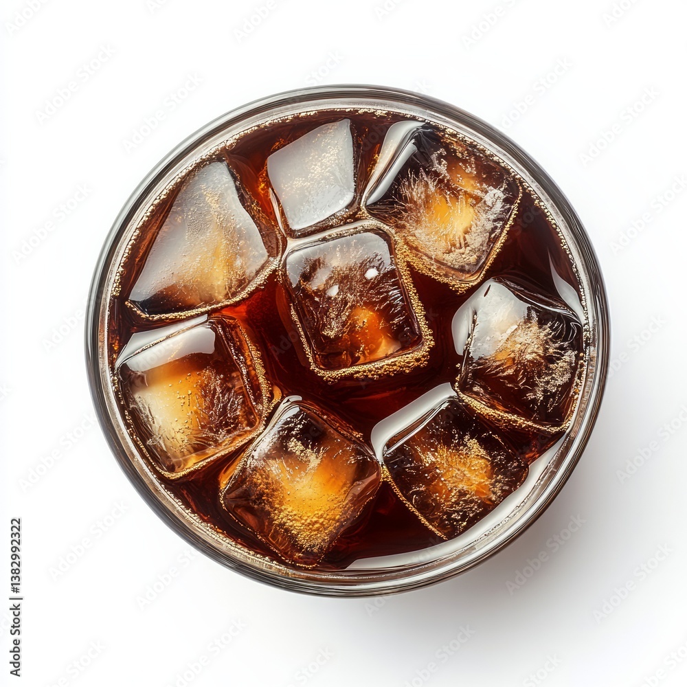 iced americano with big ice cubes in a glass, seen from above, white background iced americano with big ice cubes in a glass, seen from above, white background