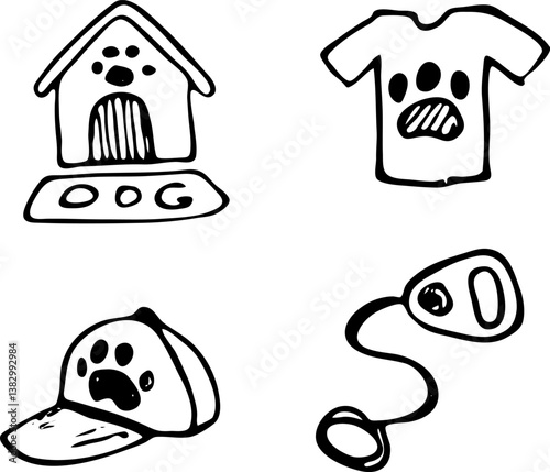 Hand Drawn vector illustration set of walk the dog sign, Automatic leash roulette and cap symbol doodles elements. Isolated on white background