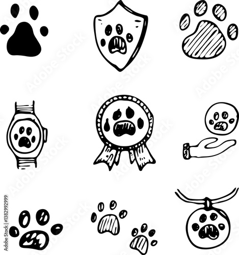Hand Drawn vector illustration set of paws sign and symbol doodles elements. Isolated on white background