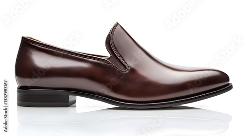 A stylish dark brown leather men's slip-on loafer shoe is elegantly displayed on a clean white background showcasing its polished finish and subtle details perfectly.