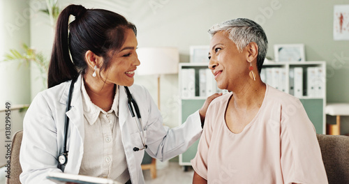 Woman, doctor and consulting senior patient for care, support or trust with checkup appointment in office. Elderly female person, medical professional and healthcare talk for discussion at clinic