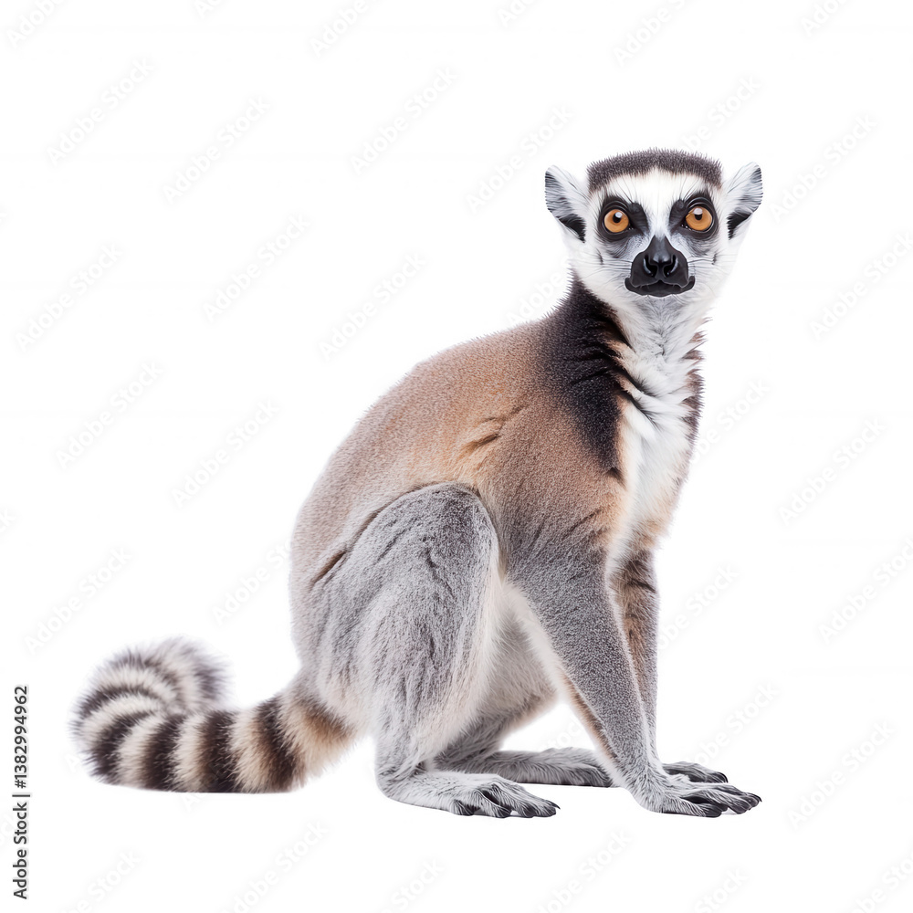 Fototapeta premium A lemur sitting gracefully against a white isolated background, showcasing its striking features and fur patterns. Ideal for wildlife and nature-themed projects.