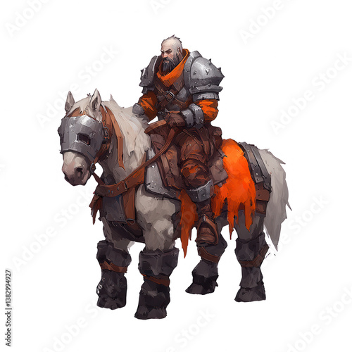 A knight in battle armor rides a majestic white horse, adorned with vibrant orange cloth. The character stands ready for adventure, embodying bravery and chivalry.