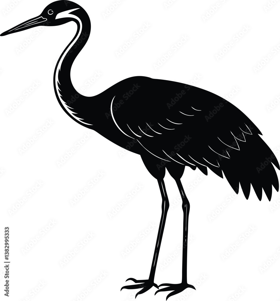 Elegant black silhouette of a crane standing in water perfect for naturethemed designs invitations or branding
Elegant black silhouette of a crane standing in water perfect for naturethemed designs invitations or branding
