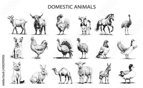 domestic animals sketch draw, eps file black and white