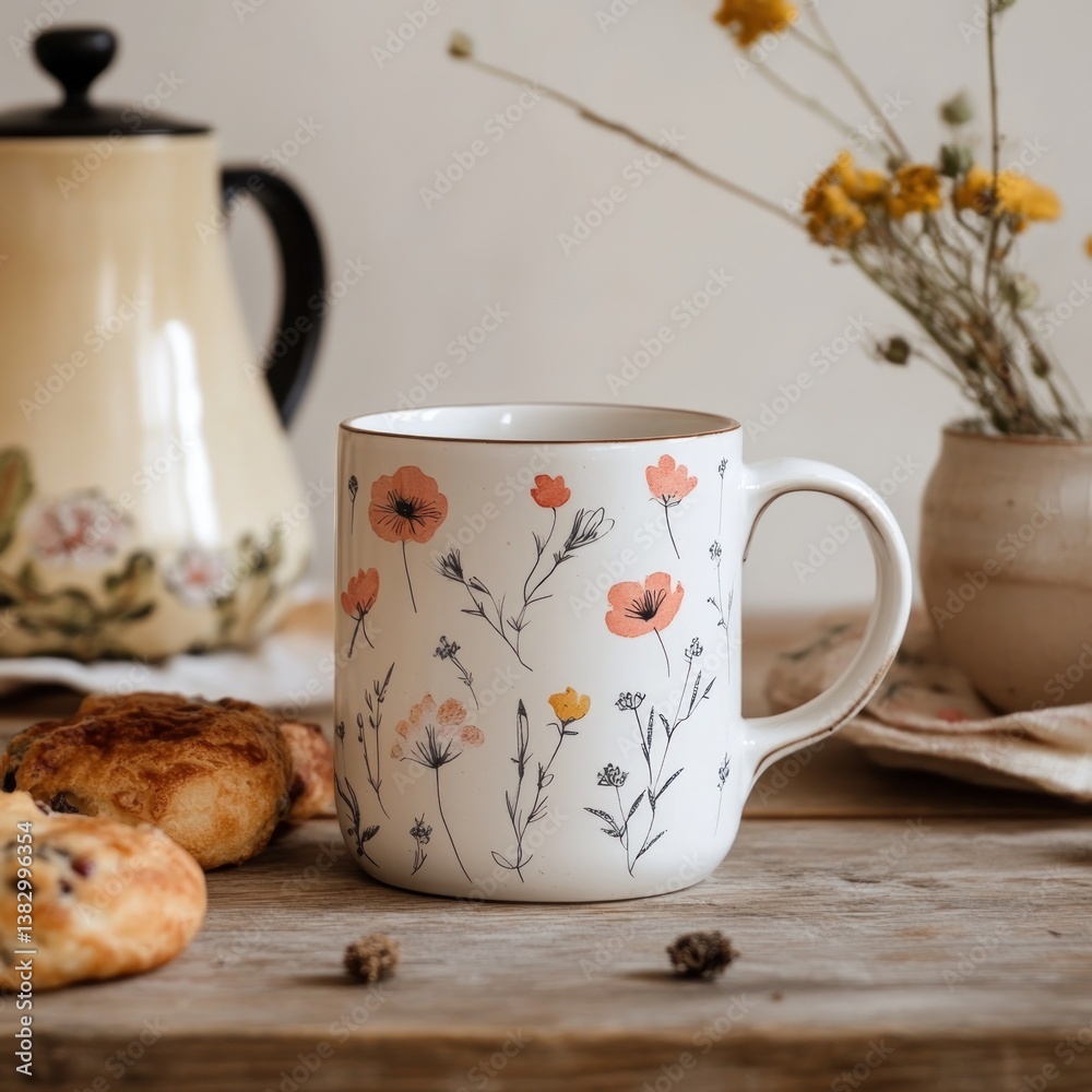 Fototapeta premium Ceramic Coffee Mug with a Delicate Floral Print on a Vintage Breakfast Table