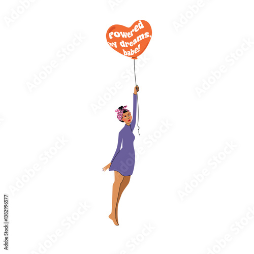 Retro Woman in Polkadot Bandana Flying with Balloon Powered by Dreams Babe