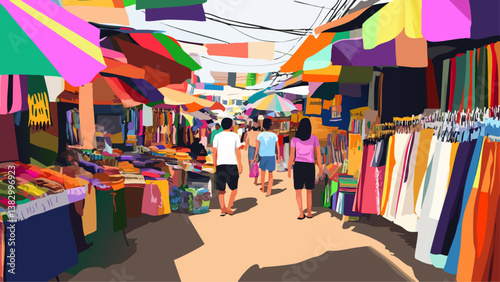 Chatuchak Market Bangkok Overflowing with Textiles and Art in Vector Art