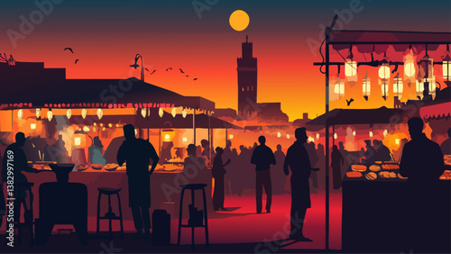 Djemaa el Fna Night Market Marrakech in Digital Illustration
