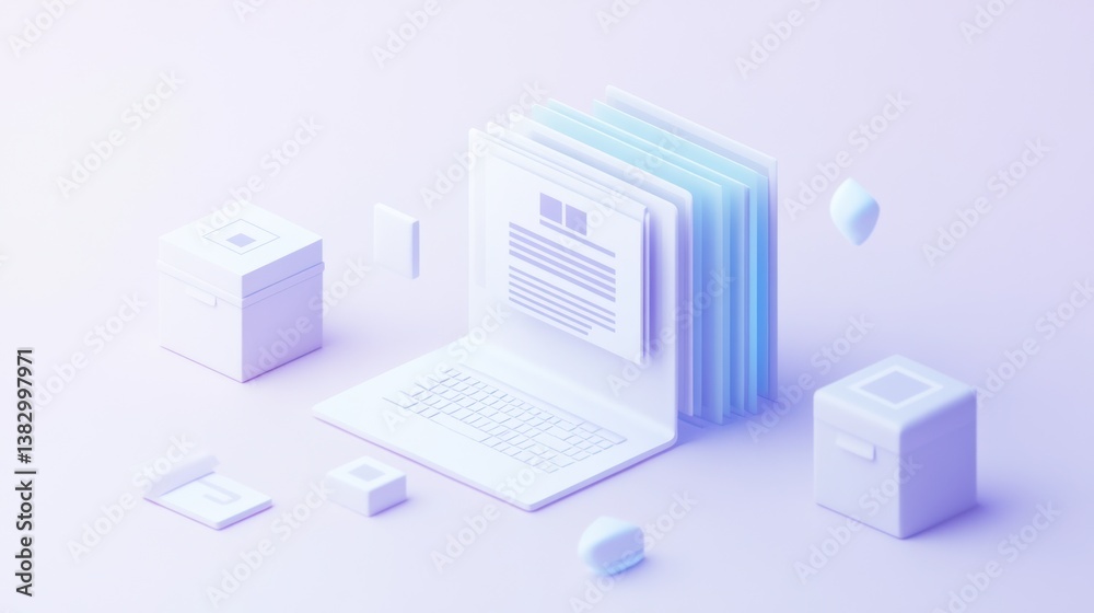 Fototapeta premium 3D Rendered Laptop with Documents, Minimalist Scene for Productivity