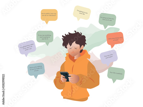 Teenager suffering cyberbullying holding smartphone reading threatening messages
