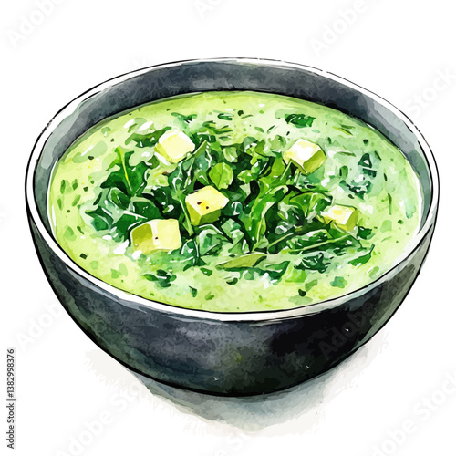 A watercolor painting of saag paneer, isolated on a white background. Saag paneer vector

