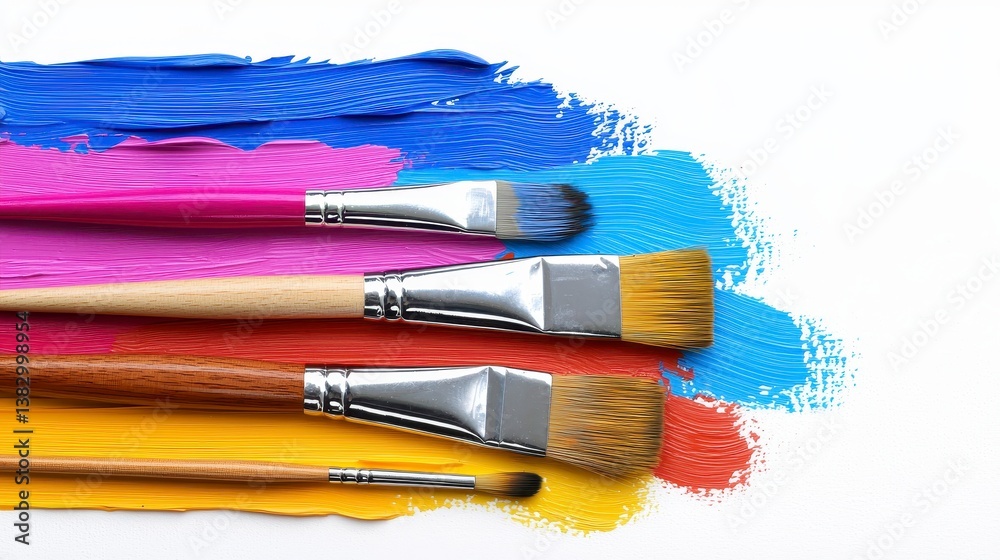 Fototapeta premium Variety of Paintbrushes on Colorful Paint Strokes with Vibrant Colors on White Surface