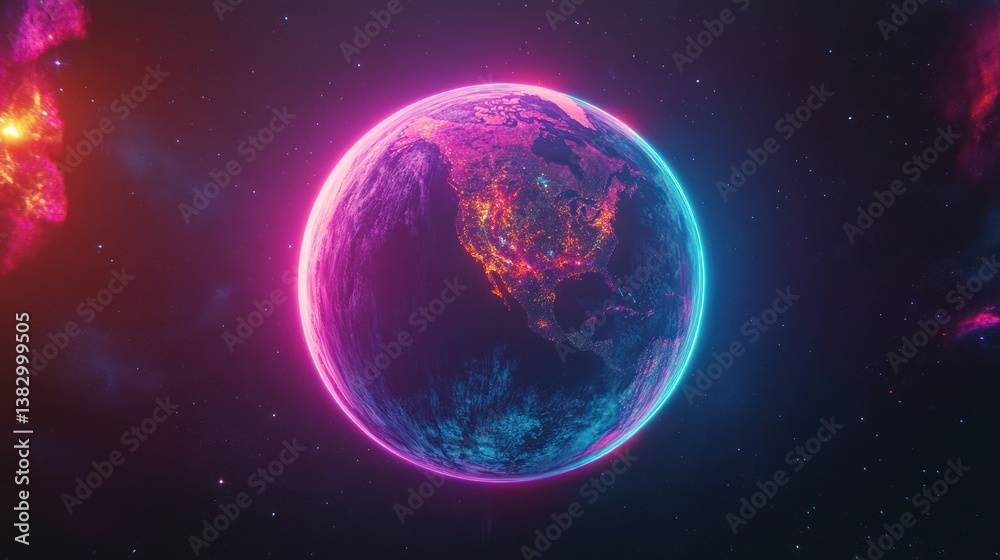 Obraz premium Neon Earth, space, night, glowing, city lights, cosmic background, global connectivity