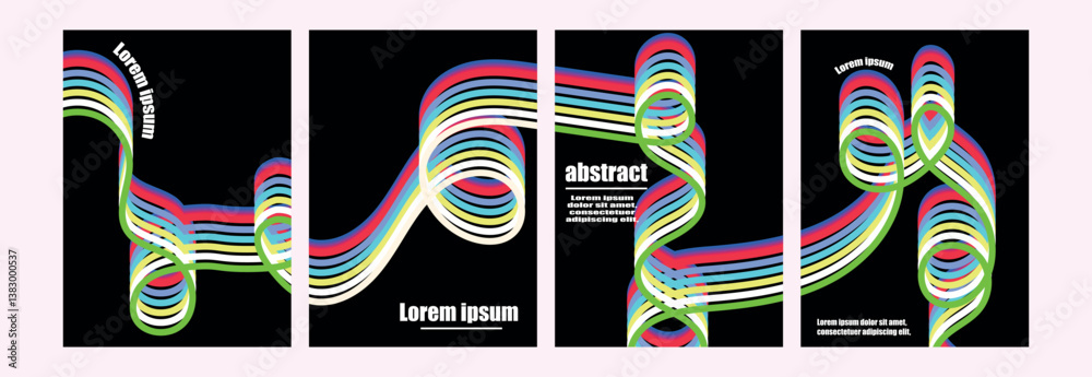 Set of four abstract posters featuring dynamic, colorful, 3D-styled stripes that appear to swirl and overlap on a black background.