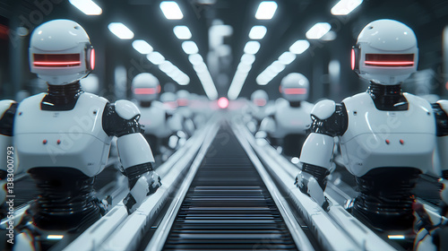 A futuristic scene depicting rows of humanoid robots on an assembly line, showcasing advanced technology and automation.