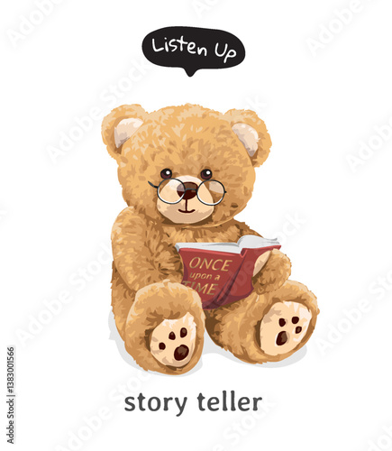 story teller slogan with cute bear doll holding a book vector illustration created by hand drawn