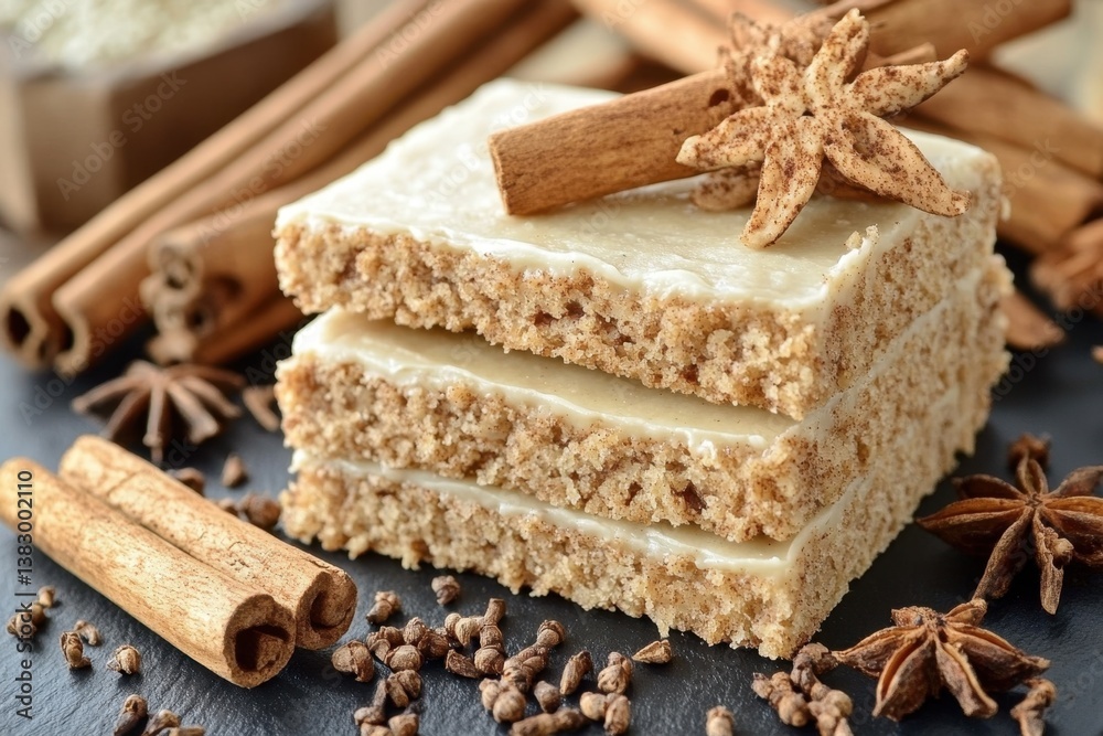 Delicious spiced gingerbread cake with creamy frosting and aromatic cinnamon sticks and star anise on dark surface for festive holiday treat