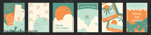 Abstract minimal travel poster, cover, card set with sun, plane in the clouds, palm tree, luggage and typography design. Summer holidays, journey, vacation travel illustrations