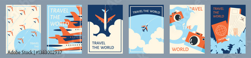 Abstract minimal travel poster, cover, card set with sun, plane in the clouds, palm tree, luggage and typography design. Summer holidays, journey, vacation travel illustrations