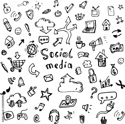 Hand drawn vector illustration set of social media sign and symbol doodles elements. Isolated on white background.