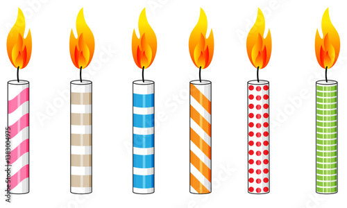 Burning candles with colourful patterns, Lit Candles birthday or celebration element
