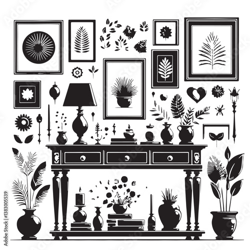 Black Color Console Table Silhouette Vector Illustration, Solid White Background