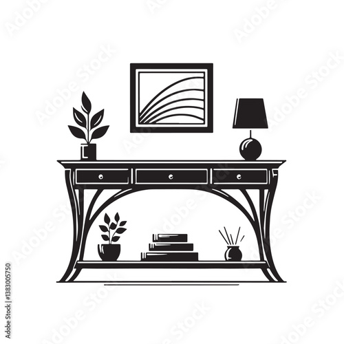 Black Color Console Table Silhouette Vector Illustration, Solid White Background