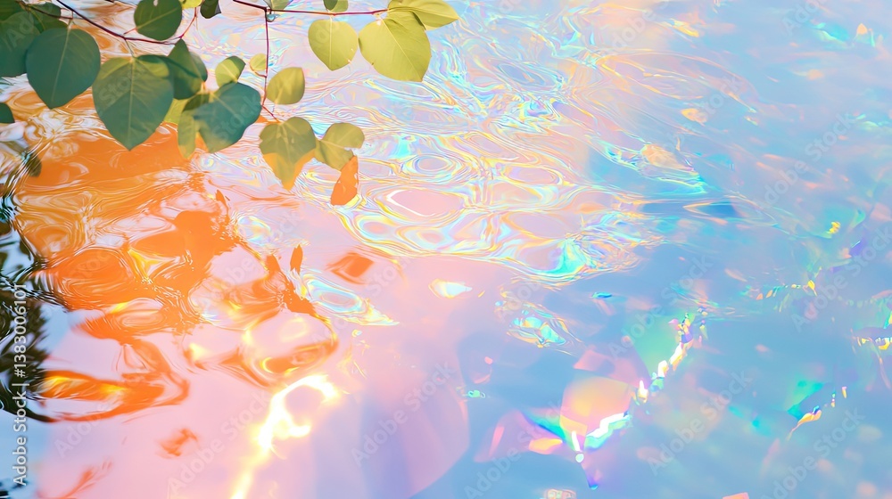 Fototapeta premium Iridescent holographic rainbow reflections nature water surface abstract art style calm environment