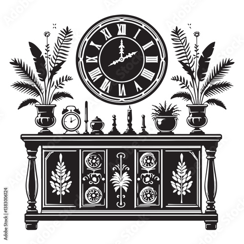 Black Color Console Table Silhouette Vector Illustration, Solid White Background