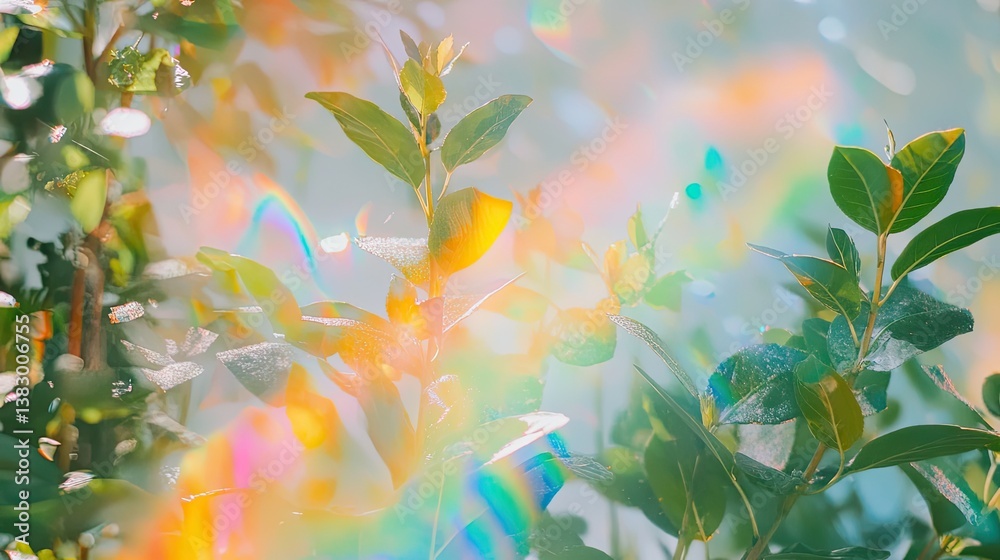 Fototapeta premium Holographic rainbow foil leaves in nature abstract art display vibrant colors outdoor environment