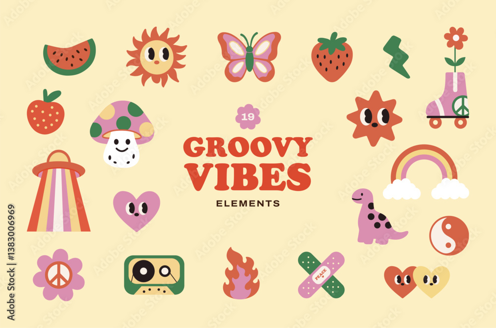 Groovy retro stickers set. 70s and 90s cartoon patches, labels, tags, and stamps. Funky hippie doodle style with cute vintage elements: heart, mushroom, rainbow, roller skate, peace symbol Groovy retro stickers set. 70s and 90s cartoon patches, labels, tags, and stamps. Funky hippie doodle style with cute vintage elements: heart, mushroom, rainbow, roller skate, peace symbol