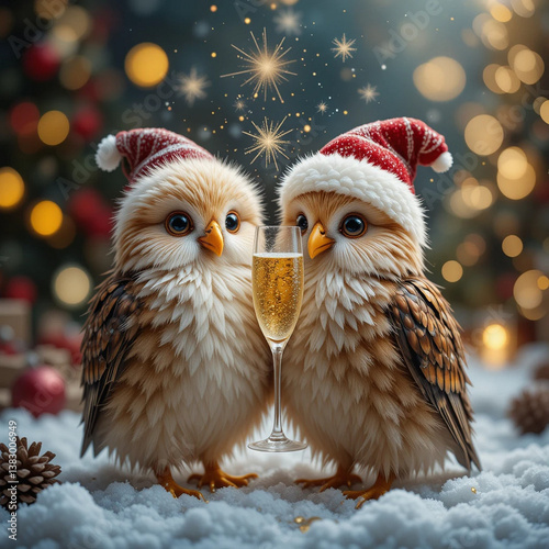 Fröhliche Festtage Coole Eule mit Champagner feiert Weihnachten
